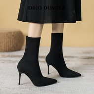DikoDumter รองเท้าส้นสูงผู้หญิงสีดำ,รองเท้าบูทหุ้มข้อส้นเข็มปลายแหลมร้องเท้าบูทถัก