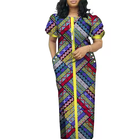 Elegant Women African Dress O-neck Short Puff Sleeve Long Maxi Dresses African Print Clothing Bazin 