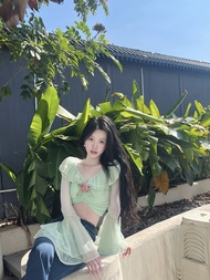 HuaHua ฤดูใบไม้ผลิใหม่ผู้หญิง V คอตาข่ายผ้าคลุมไหล่ผ้าฝ้ายแขนกุดความยาวสั้น Leaf EDGE Airy TOP สําหร