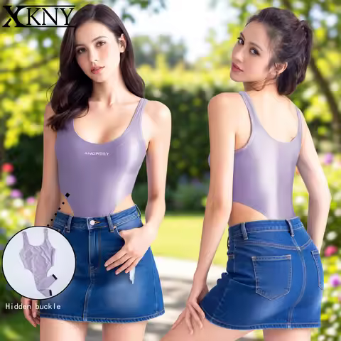 AMORESY Satin glossy swimsuit Oil Silk Smooth high fork One Piece Swimsuit Hidden crotch hook Swimsu