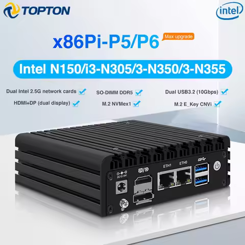 Topton Fanless NAS Mini PC P5 P6 Intel 3-N355 N350 N150 Max 7*M.2 NVMe or 6*SATA Kit DDR5 2x2.5G LAN