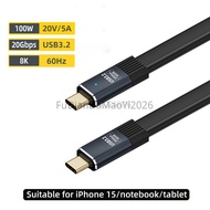 DUDIANDA 2026 PD 100W USB 3.2 Type-C Cable 20Gbps Flat USB-C Fast Charging Line 8K@60Hz 20/50/80cm O