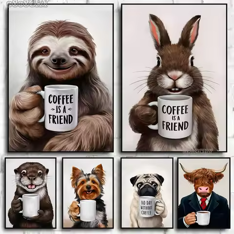 Funny Wall Art Pictures Animal Coffee Portrait Posters Canvas Print Art Sloth Pug Dog and Coffee Mur