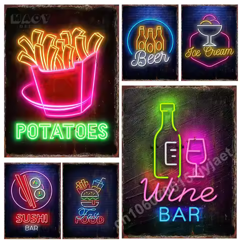 Vintage Neon Food Metal Tin Signs Western Restaurant Bar Club Menu Decoration Mural Snack French Fri
