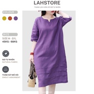LAHSTORE linen dress with short sleeves and V-neck to hide the belly DS16 (Dark Purple, Earth Orange