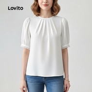 (trendy3) Lovito Casual Plain Lace Pleated Summer Spring White Blouse for Women L134ED441
