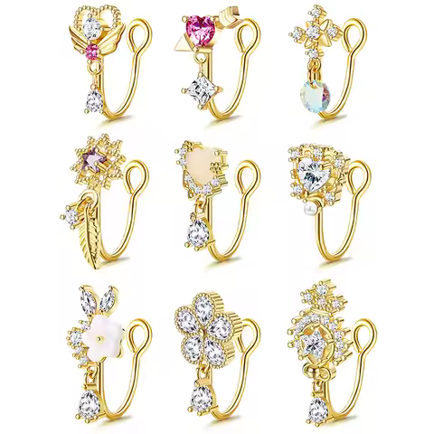 9Pcs Fake Nose Ring Luxury Nose Cuffs Clip On Nose Ring Faux Nose Ring CZ Non Piercing Nose Clip Bod