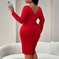ชุดเดรสพลัสไซส์เซ็กซี่ คอลึกรูปหัวใจ เปิดหลัง ผูกโบว์ แขนยาว เข้ารูป เหมาะสำหรับงานปาร์ตี้, ออกเดท, 