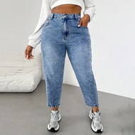 Plus Size Blue Denim Loose Mom Fit Pants, Minimalist Fashion Casual Everyday Wear Summer Vacation Wo