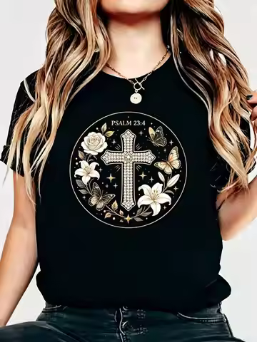 Women's Crew Neck Short Sleeve Graphic T-Shirt, Floral Cross Psalm 23:4 Print, Summer Casual Wear, F