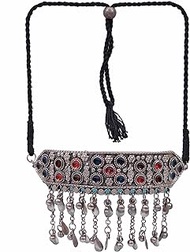 Indian Antique Afghani Silver Polish Oxidized Meenakari Enamel Ghungroo Bells Boho Gypsy Banjara Statement Choker Necklace Earrings Jewelry for Women, 19 cm, Metal, No Gemstone