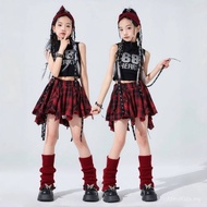 Girls Jazz Dance Costume Red Black Street Dance Hip Hop Performance Kids Outfit