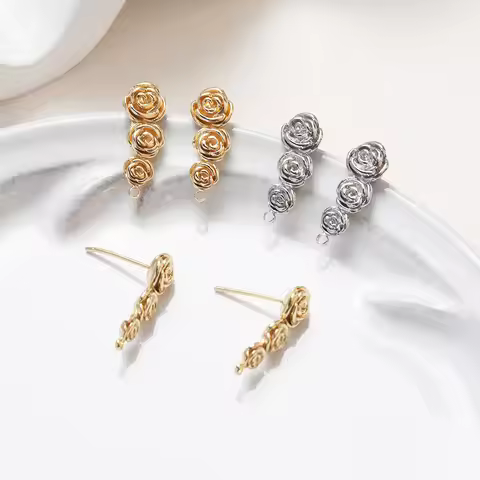 4PCS Dainty Rose Flowers Ear Studs Earrings for Jewelry Findings Components DIY Brass 14k Gold Plate