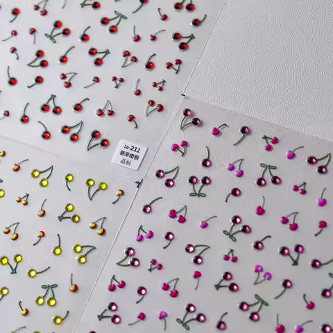 Colorful Zircon Cherry Design Lovely 5D Soft Embossed Reliefs Self Adhesive Nail Art Stickers Cute 3