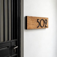 Walnut Wood Unit Number Signage | Minimalist Black 3D Letter House Number Plate, No Drill Self-Adhes
