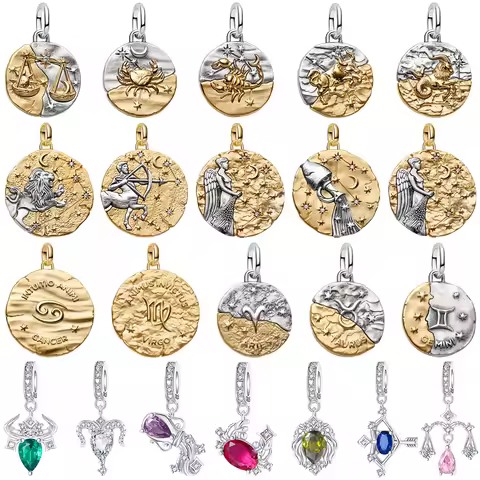 925 Sterling Silver Zodiac Coin Charms 12 Constellation Coin Pendant Crystal Lucky Amulet Beads Brac