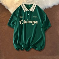 Men Plus Size Slogan Print Contrast Collar Polo Shirt Letter Chicago Dark Green Casual Polo Shirt
