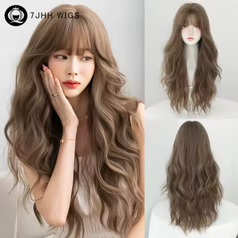 7JHH WIGS Loose Wavy Honey Brown Hair Wig for Women Daily High Density Synthetic Body Wave Brown Wig