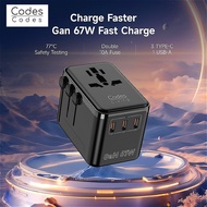 CODES 67W GaN Universal Travel Plug Adapter  3 USB C & 1 USB A, Worldwide Power Outlet Travel Essent