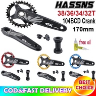 Hassns Crankset 104 BCD Bottom Bracket with Axis Spindle MTB Hollowtech Connecting Rods