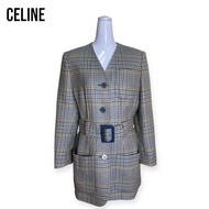 Celine collarless jacket 1990-2000s เสื้อแจ็คเก็ตหญิงผ้าวูลลายสก็อตพร้อมเข็มขัด