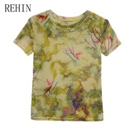 Rehin dáng ôm mùa hè in lưới T-shirt-co giãn Ngắn Tay Cổ Tròn áo thời trang cho phụ nữ (S-4XL)