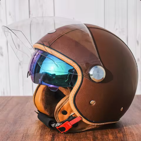 Brown Leather Original DOT ECE 3/4 Open Face Helmet MT Capacete Motorcycle Helmet JET Scooter Bike H