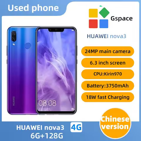 HUAWEI nova3 Android 4G Unlocked 6.3in CPU HiSilicon Kirin 970 2.36GHz 3750mAh used phone