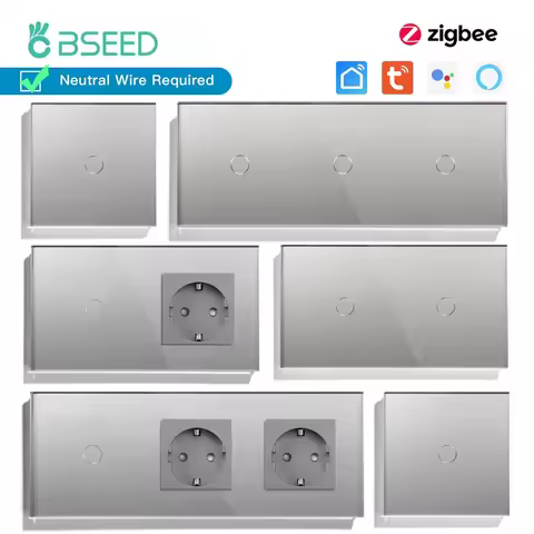 BSEED Zigbee 1/2/3Gang Touch Smart Switches 1/2/3Way Tuya Smart Life App Control With EU Wall Socket