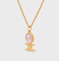 剩1！Celine Triomphe Indie Small Necklace in Brass and Pink Quartz 粉紅天然晶石 寶石頸鏈 項鍊