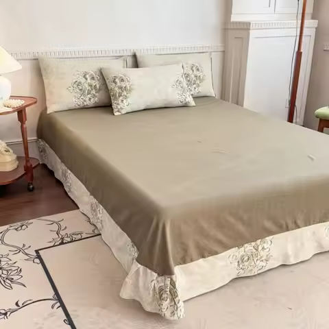 Retro printed linen double yarn bed sheet skin-friendly washed bed sheet three-piece bed sheet