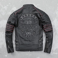 Jaket Motosikal Harley Lapisan Atas Kulit Lembu Jaket Kulit Tulen Jaket Bersulam Lelaki Trend Belia 