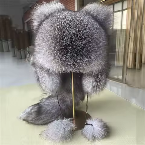 Winter Women's Hats Real Fur Hats Woman Fox Fur Hat Russian Ushanka Hat Ladies Autumn Winter Warm Ea