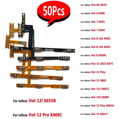 50Pcs，Power on/off Volume Key Button Flex Cable For Infinix Hot 6X 6 7 8 Lite 12 Pro 12i 12 Play 11s