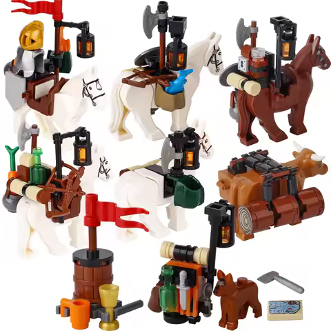 MOC Medieval Carriage Traveler Sachet Horse Building Blocks Kit Knights Farmer Cattle Cart Map Tools