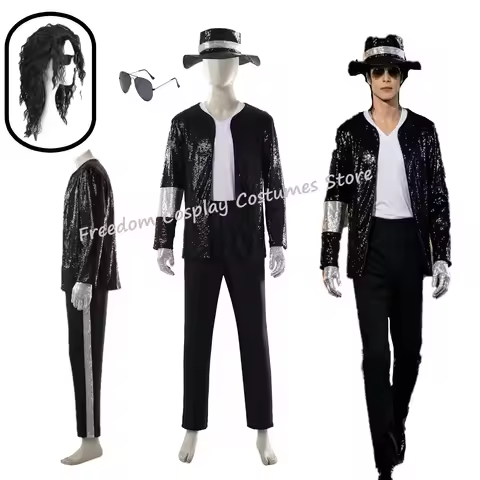 Michael Jackson Cosplay Costume wig Black Fashion Stage Clothing full set Adult Man Woman 80s 90s Hi