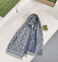 GUCCI  經典雙G羊毛披肩 圍巾 藍灰色
