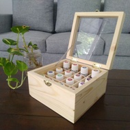 Kotak kayu pinus untuk 16 botol essential oil 5-15 ml tutup akrilik