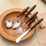 日式西餐餐具牛排刀叉勺三件高檔復古304不銹鋼木柄勺子甜品叉
