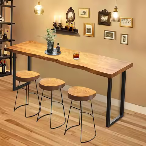 Live Edge Bar Table 55 Inch, Industrial Counter Height Dining Table with Metal Legs,Solid Wood High 
