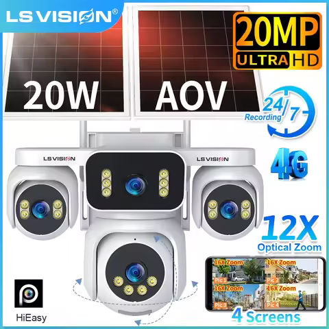 LS VISION Four Screens AOV 4G Solar Camera 24/7 Recording 20MP 12X Optical Zoom CCTV Ai Human Detect