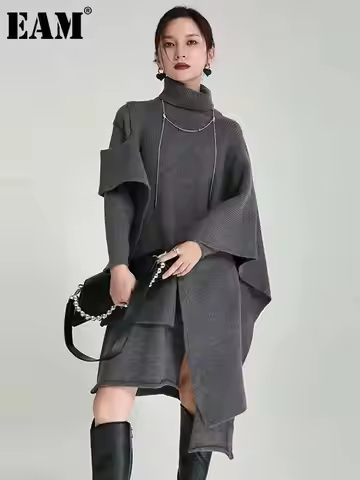 [EAM] Women Gray Irregular Design Knitting Dress New Turtleneck Long Sleeve Loose Fit Fashion Tide S