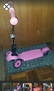 小孩三輪滑板車，兩部滑板車二手(有男有女款)(圖一及圖二)價錢以一部計， 圖三第三部只用一次近新(有原裝盒165$)，屯門工廠區交收，3 wheel scooters, price for one s