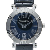 Tiffany & Co.) Atlas 心型日期石英腕錶，黑色錶盤，不鏽鋼錶殼，皮革錶帶，女款