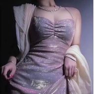 enchanted pink fairy glitter fitted off shoulder silt midi dress praty gown dress for woman elegant