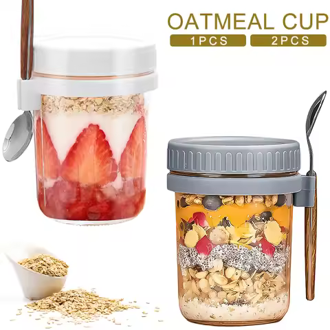 Breakfast Cup Container 10oz Airtight Oatmeal Jar with Cover Spoon Portable Oatmeal Cup Wide Mouth M