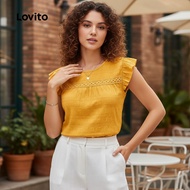 (Fashion_3) Lovito Casual Plain Jacquard Lace Ruffle Spring/Summer Yellow Blouse for Women L134ED448