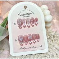 Nailbox design - Moonlight pink rhinestone cat eye fake nails with cute charms