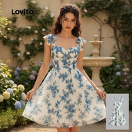 Lovito Boho Dress Lace Up Bow Spring/summer Blue Dress for Women L150AD797