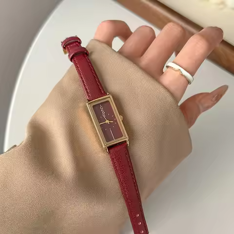 GEDI Watches Golden Rectangular Dial Quartz Wristwatch Fashion Vintage Leather Strap Watch Woman Lad